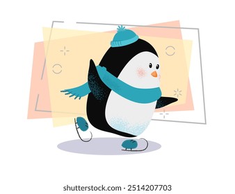 Cute cartoon penguin in scarf and hat enjoying skating. Outdoor activity concept. Vector illustration can be used for topics like hobby, Christmas vacation, winter sport