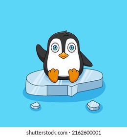 Cute cartoon penguin sitting on a floating ice floe. Animal vector illustration