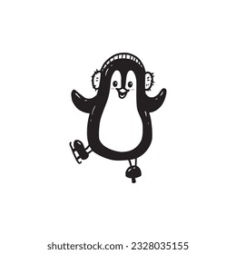 cute cartoon penguin is skating. Illustration in doodle style for christmas card.Vector
