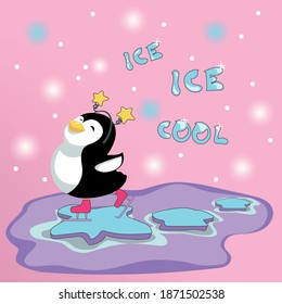 Cute cartoon penguin is skating on the melting ice pieces. Ice cool bird feels as a king of the world. Bright vector illustration on pink background.