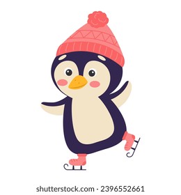 Cute cartoon penguin is skating. Vector illustration.