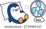 Cute cartoon penguin sleeping with electric fan, cooling off in summer heat. Vector clip art illustration.