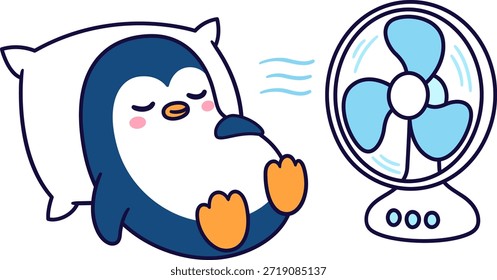 Lindo pingüino de dibujos animados durmiendo con ventilador eléctrico, enfriándose en el calor del verano. Ilustración de arte de Clip de Vector.