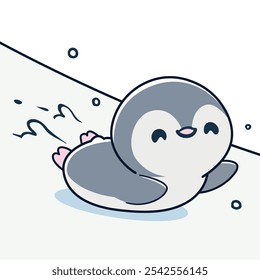 Cute cartoon penguin sliding on ice. Vector illustrator.
