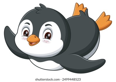 Lindo pingüino de dibujos animados deslizando. Adecuado para libros infantiles, diseños de vida silvestre y proyectos temáticos de invierno. Ilustración vectorial