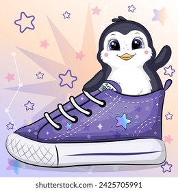 A cute cartoon penguin with a sneaker. Vector illustration of an animal on a colorful background with stars.