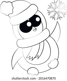 Cute cartoon Penguin with snowflake. Draw illustration in black and white