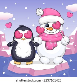 Cute cartoon penguin and snowman with lollipops floating on ice. Winter vector illustration with icebergs and snow.