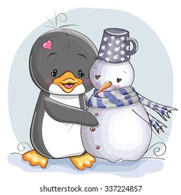 Cute cartoon Penguin with a snowman on a blue background