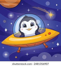 Cute cartoon penguin in a spaceship. Vector illustration of an animal in space on a blue background with stars and a planet.