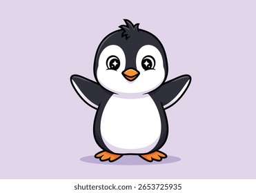 Pinguim de desenhos animados bonito com olhos cintilantes e asas abertas - Ilustração de pássaro aquático adorável para crianças e amantes de animais. Ilustração de vetor