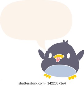 lindo pingüino de caricatura con burbuja de habla en estilo retro