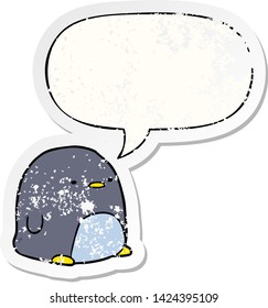 cute cartoon penguin with speech bubble distressed distressed old sticker