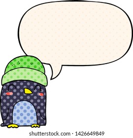 cute cartoon penguin with speech bubble in comic book style