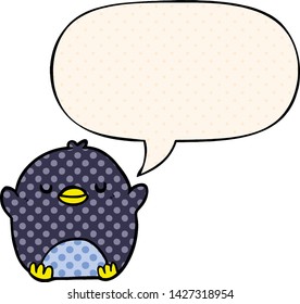 cute cartoon penguin with speech bubble in comic book style