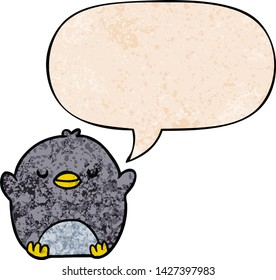 lindo pingüino de dibujos animados con burbuja de voz en estilo de textura retro