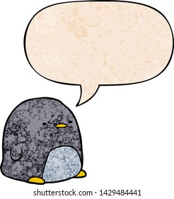 cute cartoon penguin with speech bubble in retro texture style