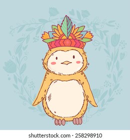Cute cartoon penguin in spring floral wreath on abstract frame. Vector illustration