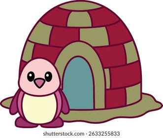 Cute Cartoon Penguin Standing Next to Igloo