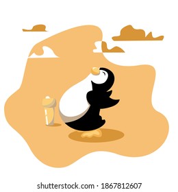 Cute cartoon penguin stretches body before doing yoga. The bird is deep in his thoughts and feelings, calm and enjoys the process. Vector illustration.