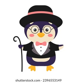 Cute cartoon penguin in suit and bow tie with cane. Vector illustration.