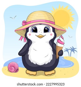 Cute cartoon penguin with summer hat and ice cream on the beach. Summer animal vector illustration with sun, palm trees and water.
