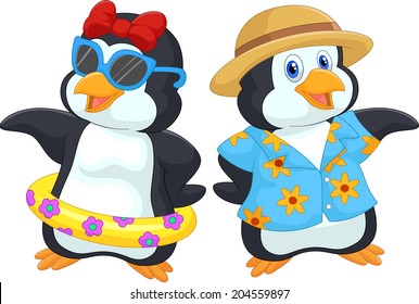 Cute cartoon penguin in summer holiday