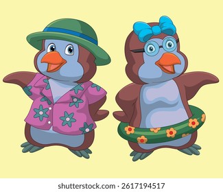 Cute cartoon penguin in summer holiday vector illustration