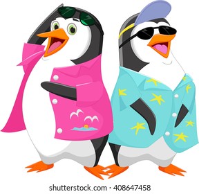 Cute cartoon penguin in summer vacation