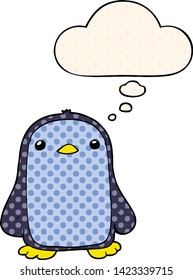 cute cartoon penguin with thought bubble in comic book style