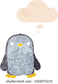 lindo pingüino de dibujos animados con burbuja de pensamiento en un estilo retro angustiado y angustiado