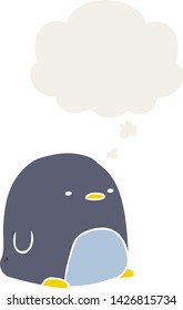 cute cartoon penguin with thought bubble in retro style