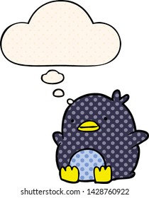 cute cartoon penguin with thought bubble in comic book style