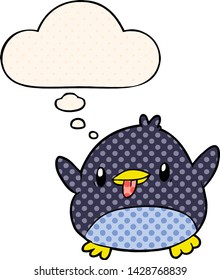 cute cartoon penguin with thought bubble in comic book style
