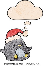 cute cartoon penguin with thought bubble in grunge texture style