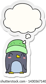 süßer Cartoon-Pinguin mit Denkblase als Druckaufkleber