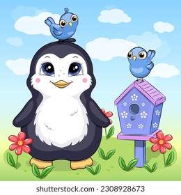 Cute cartoon penguin with two blue birds and a bird house. Vector illustration of an animal in nature with flowers and clouds in the sky.