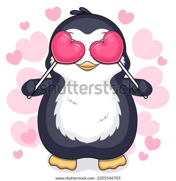 Cute Cartoon Penguin Two Hearts Vector Stock Vector (Royalty Free ...