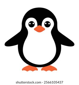 Cute Cartoon Penguin Vector: Adorable penguin with black-white body, orange beak, and feet. Perfect for kids' books, education, and winter designs.