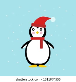 Cute cartoon penguin vector in flat style. Penguin in a red hat and scarf.