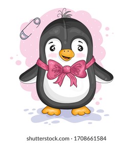 Pingüino de caricatura. impresión vectorial. Es bueno para tarjetas de felicitación, invitaciones, decoración, impresión para la ducha infantil, etc