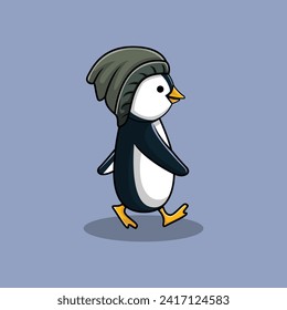 Cute cartoon penguin walking leisurely alone. Vector illustration.