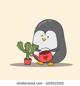 Cute cartoon penguin watering a cactus. Hand drawn vector illustration.