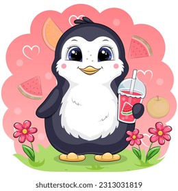 Pingüino de dibujos animados con zumo de sandía. Ilustración vectorial de un animal sobre un fondo rosado con corazones y frutas.