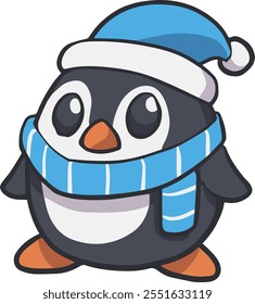 cute cartoon penguin wearing blue scarf and beanie hat