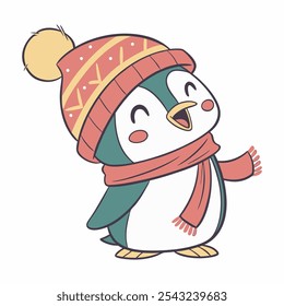 Cute cartoon penguin wearing a festive hat and scarf, perfect for Christmas and winter-themed designs.