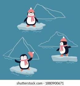 Cute cartoon penguin is wearing a red hat with pompon and scarf, standing on an ice floe near an iceberg, waving and skating. It is the vector collection with funny polar penguins.
