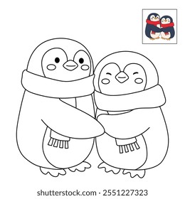 Cute cartoon penguin wearing red scarf. Penguin wearing red scarf coloring pages for kids. Trace and color penguin. Cute penguin couple in love wearing red scarf. Cute happy Penguins couple hugging.