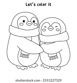 Cute cartoon penguin wearing red scarf. Penguin wearing red scarf coloring pages for kids. Trace and color penguin. Cute penguin couple in love wearing red scarf. Cute happy Penguins couple hugging.