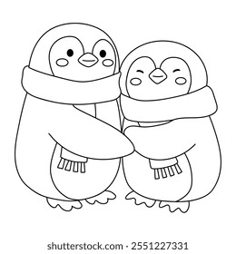 Cute cartoon penguin wearing red scarf. Penguin wearing red scarf coloring pages for kids. Trace and color penguin. Cute penguin couple in love wearing red scarf. Cute happy Penguins couple hugging.